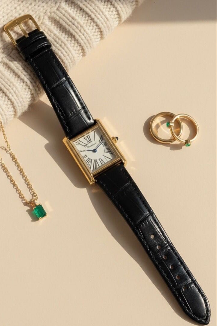 Royal Classic Rectangular Gold & Black Leather Watch