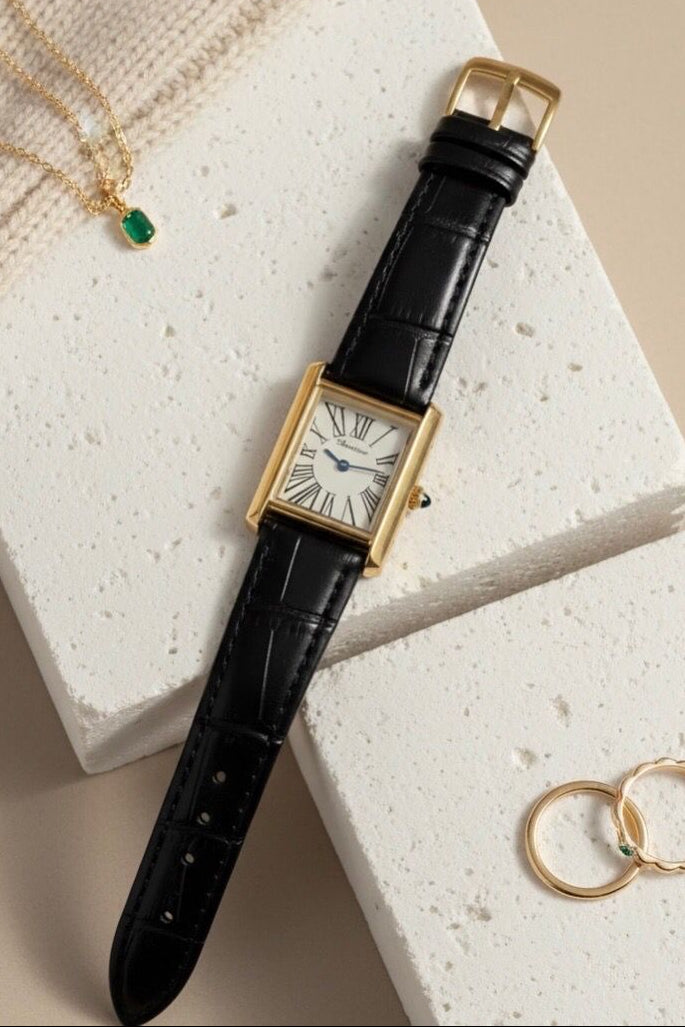Royal Classic Rectangular Gold & Black Leather Watch