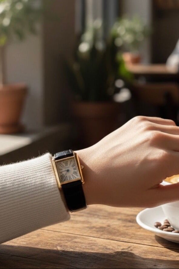 Royal Classic Rectangular Gold & Black Leather Watch