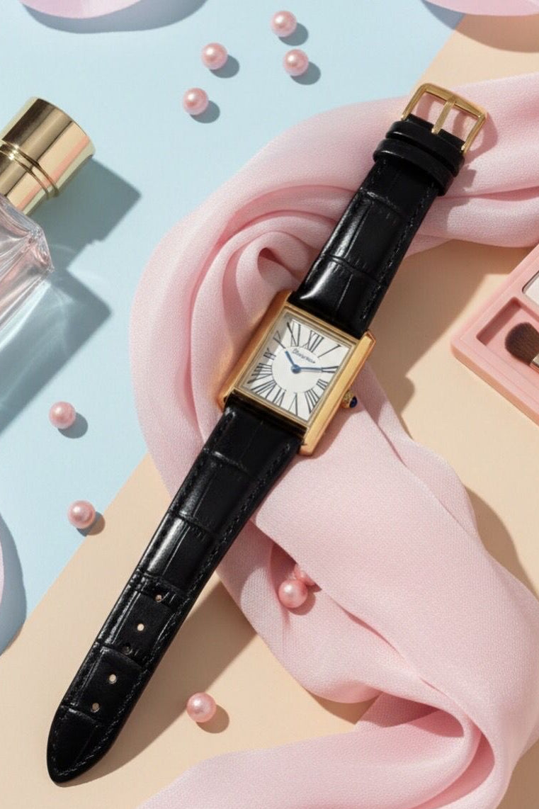 Royal Classic Rectangular Gold & Black Leather Watch