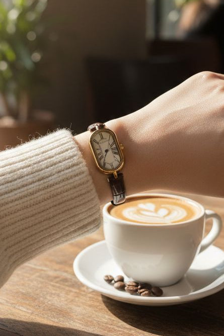 Vintage Oval Gold Watch with Brown Leather Strap