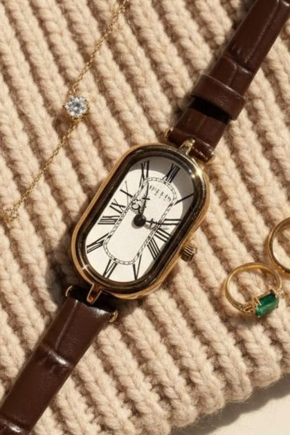 Vintage Oval Gold Watch with Brown Leather Strap