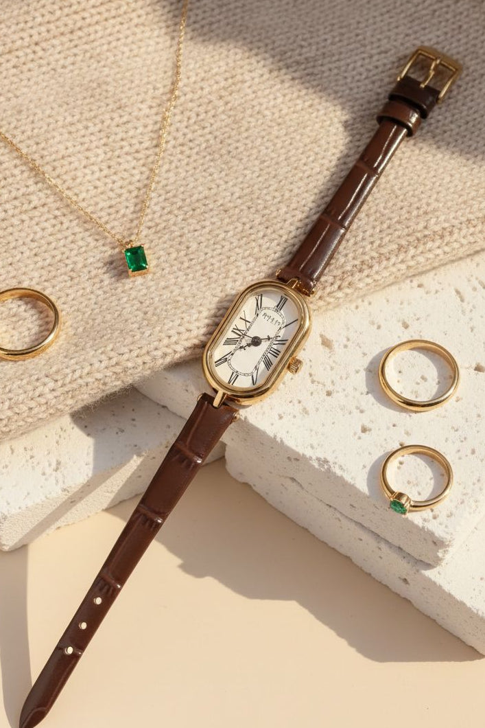 Vintage Oval Gold Watch with Brown Leather Strap