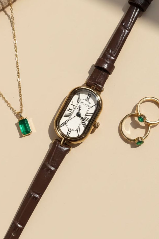 Vintage Oval Gold Watch with Brown Leather Strap