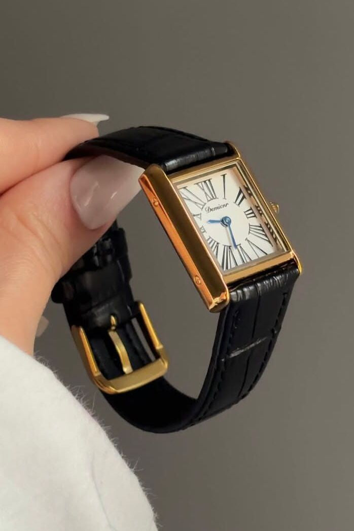 Royal Classic Rectangular Gold & Black Leather Watch