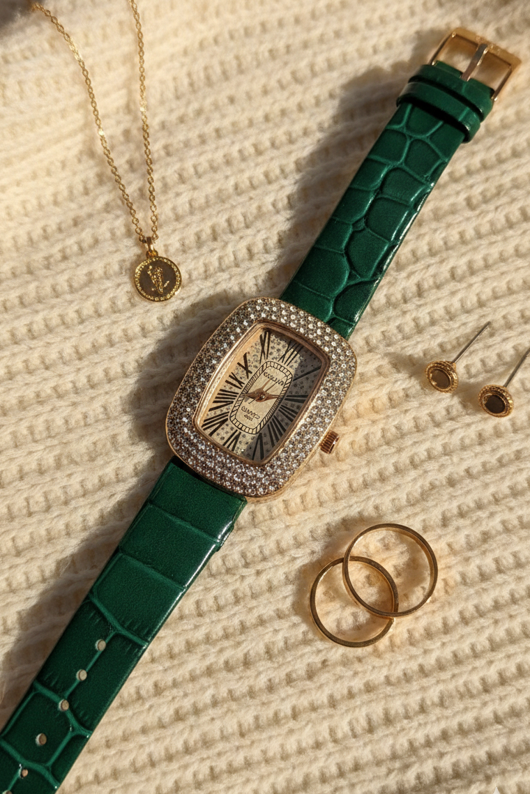 Emerald Luxe Watch – Green Croc Strap & Rose Gold Case