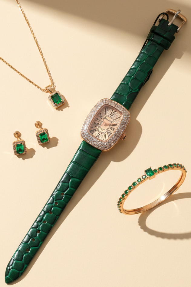 Emerald Luxe Watch – Green Croc Strap & Rose Gold Case