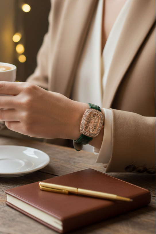 Emerald Luxe Watch – Green Croc Strap & Rose Gold Case