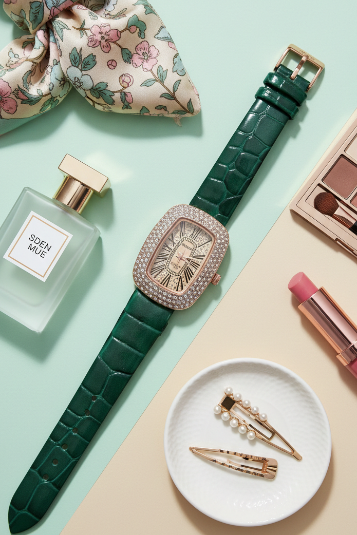 Emerald Luxe Watch – Green Croc Strap & Rose Gold Case