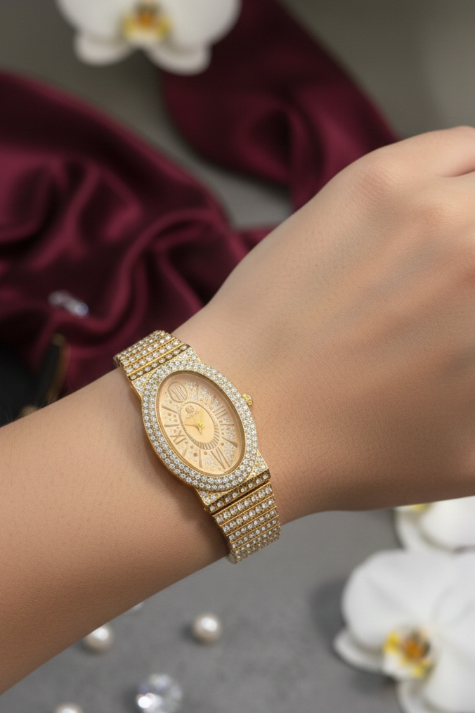 Camelot Gold Crystal Women’s Watch – Oval Dial Bracelet Style