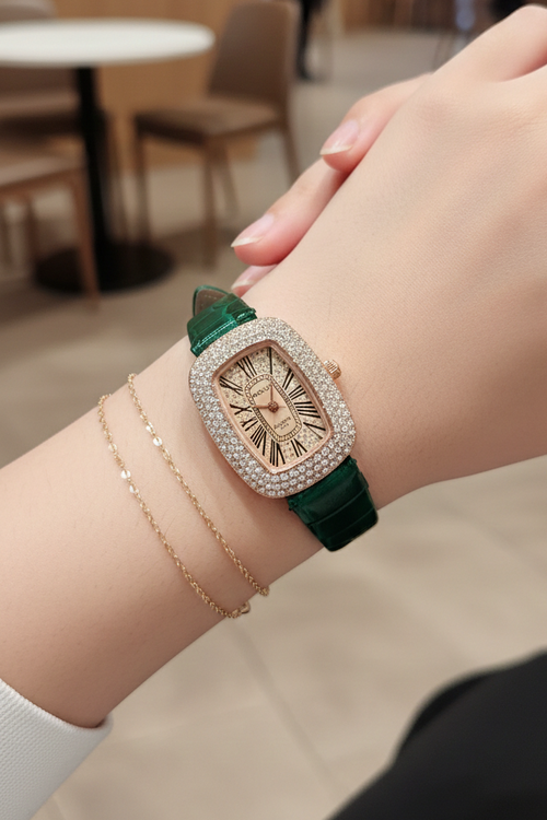 Avelux Crystal Square Dial Watch – Rose Gold Case & Emerald Green Leather Strap