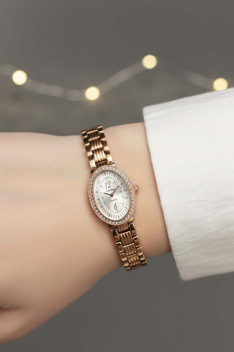 Luxury Rose Gold Oval Bracelet Watch With Crystal Bezal