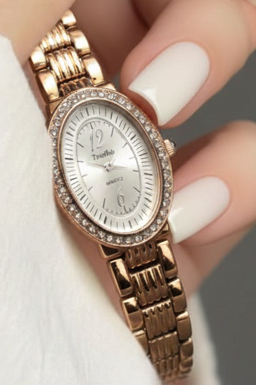 Luxury Rose Gold Oval Bracelet Watch With Crystal Bezal