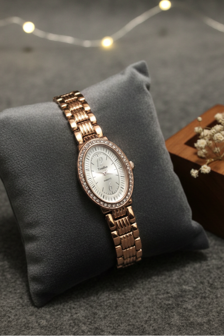Luxury Rose Gold Oval Bracelet Watch With Crystal Bezal