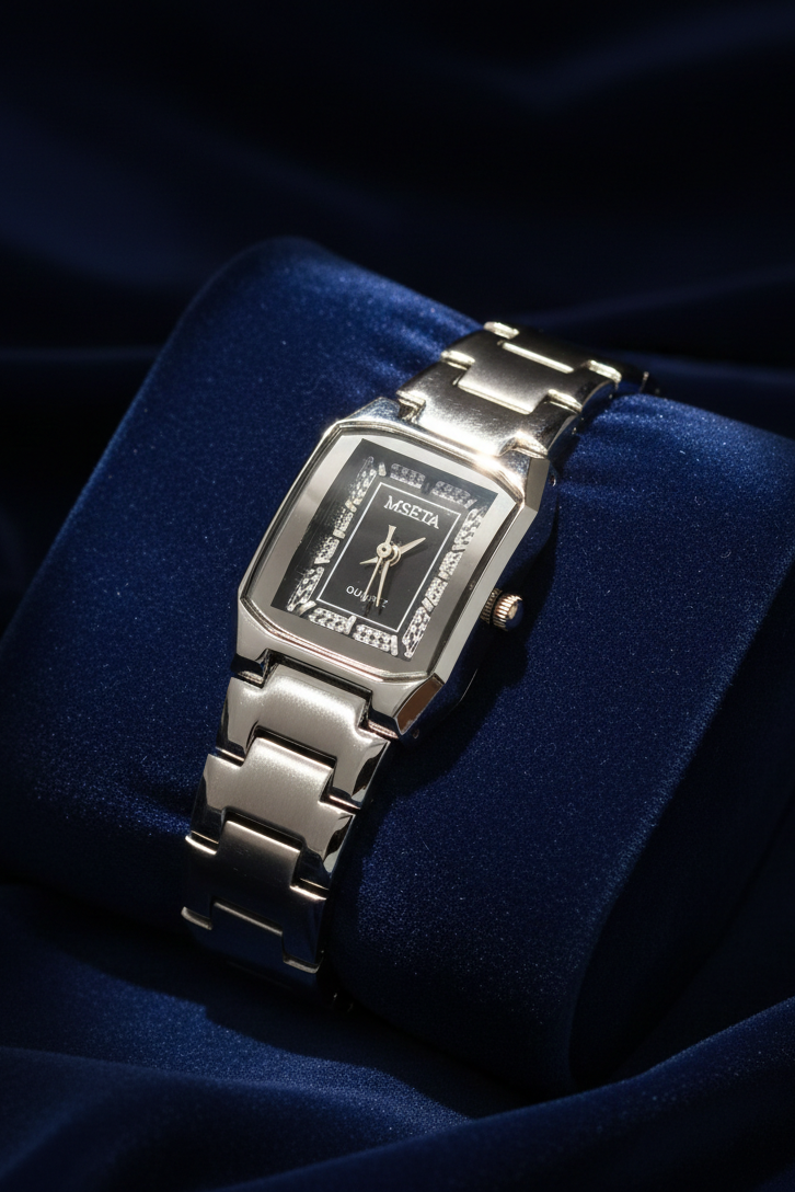 Emerald Luxe Rectangular Silver Watch – Timeless Elegance for Her