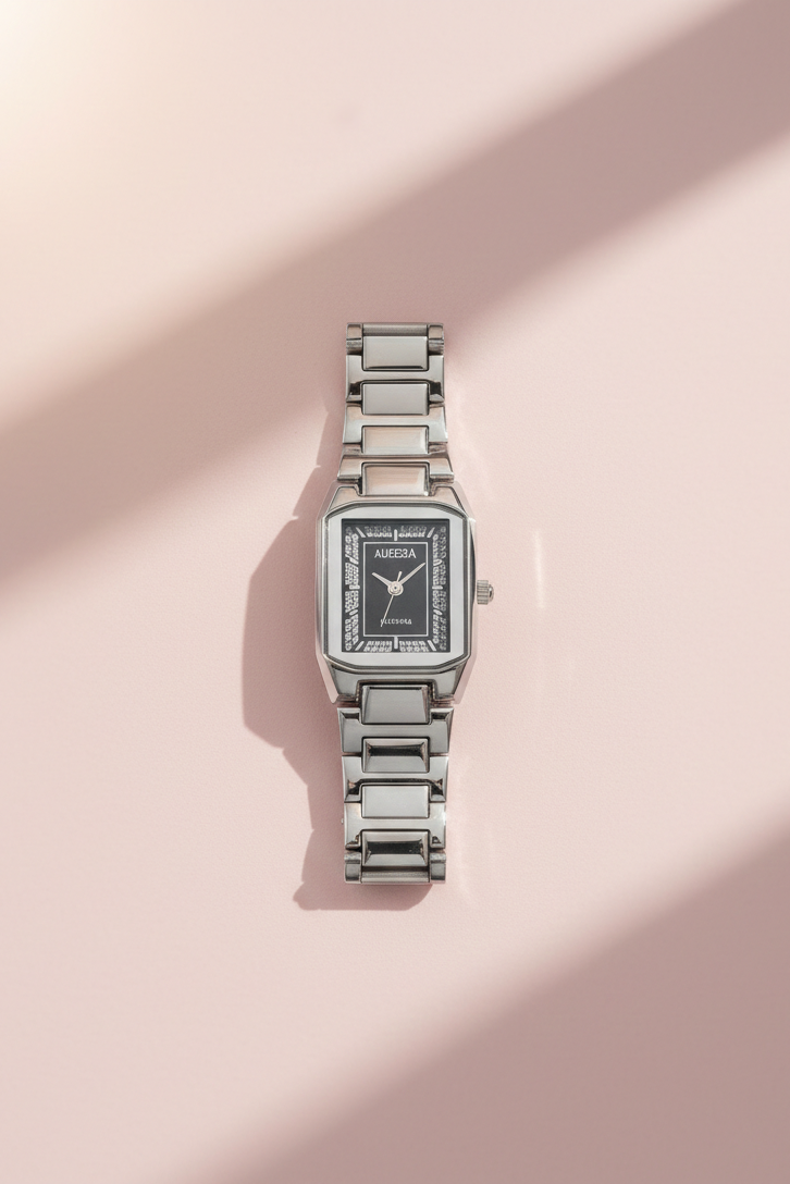 Emerald Luxe Rectangular Silver Watch – Timeless Elegance for Her