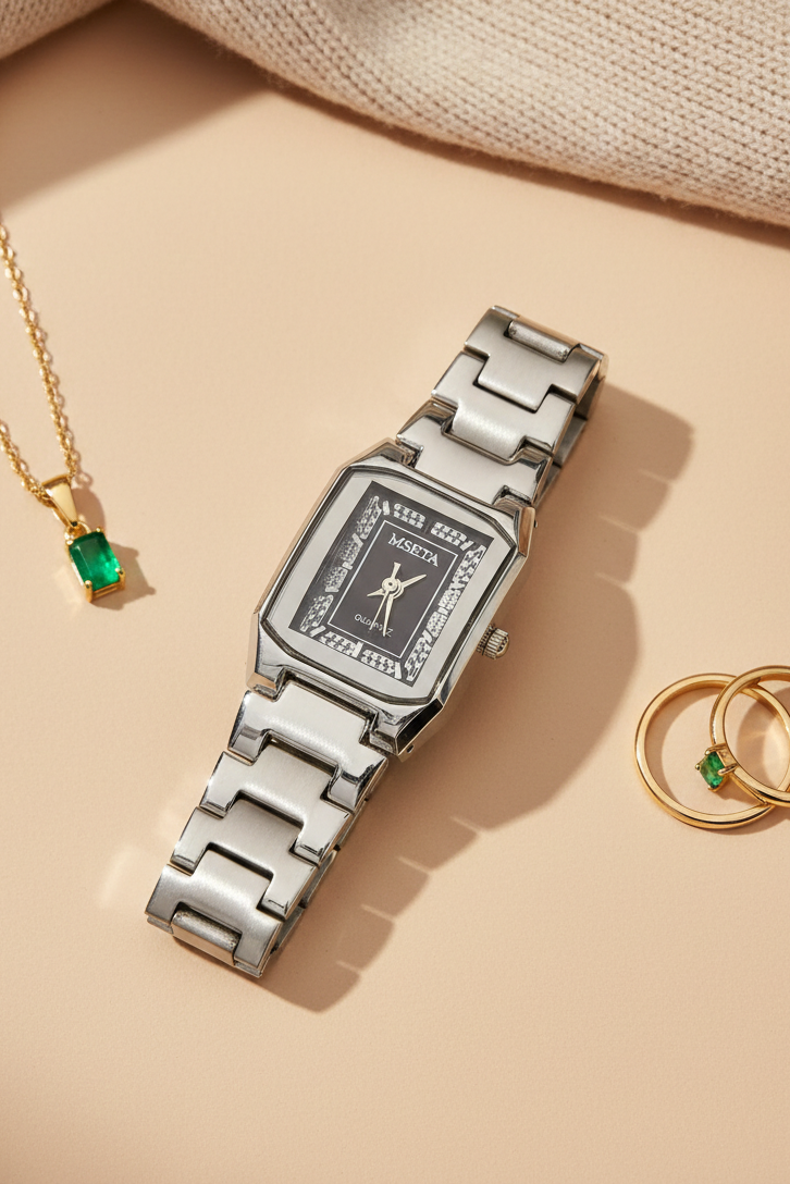 Emerald Luxe Rectangular Silver Watch – Timeless Elegance for Her