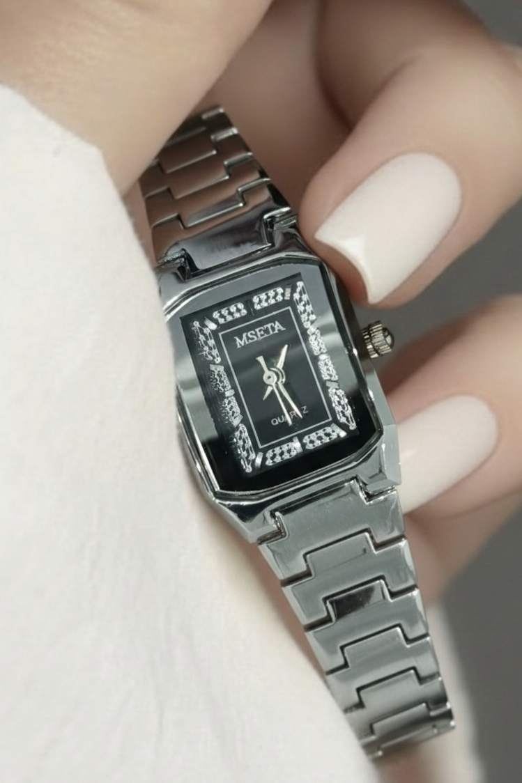 Emerald Luxe Rectangular Silver Watch – Timeless Elegance for Her